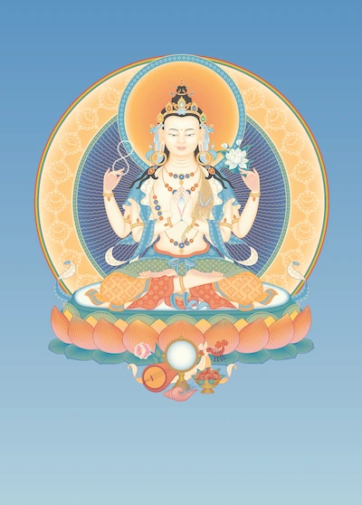 Buddha Avalokiteshvara – Copyright Tharpa Verlag Eine farbige Illustration von Buddha Avalokiteshvara welcher Mitgefühl verkörpert.
