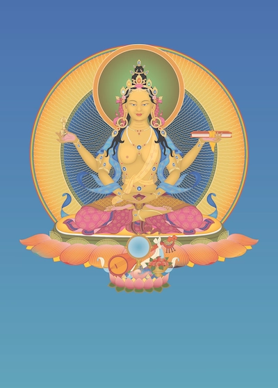 Buddha Prajnaparamita – Copyright Tharpa Verlag Eine farbige Illustration des weiblichen Buddhas Prajnaparamita welche ihrerseits die Verbindung von Glückseligkeit und Leerheit verkörpert.