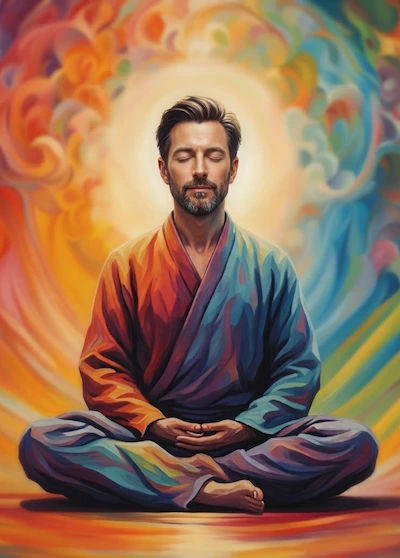 Meditation Lamrim Illustration eines meditierenden Mannes mit verschränkten Beinen und geschlossenen Augen, die Hände ruhen im Schoss. Bunter, fantasievoller Hintergrund.