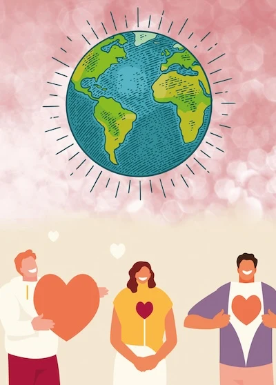 Meditation fuer ein gutes Herz – World Peace Meditation Eine Illustration von drei Personen welche ein symbolisches Herz auf der Brust oder in Händen tragen unter einem strahlenden Planeten Erde