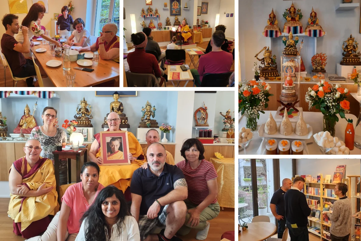 Bilder-Collage des Kadampa Meditationszentrum Basel mit verschiedenen Bildern. Die Bilder zeigen einen Vortrag, ein Gruppenfotos, den Altar, ein Bild vom Grundlagenprogramm und gemütliches Beisammensein zu Tisch