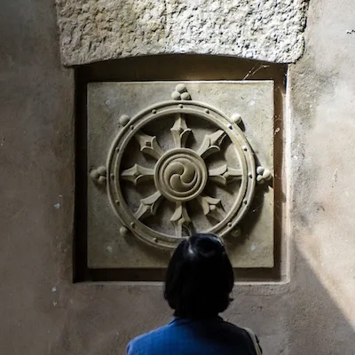 dharmarad Ein Mann betrachtet ein steinernes Relief des Dharmarades