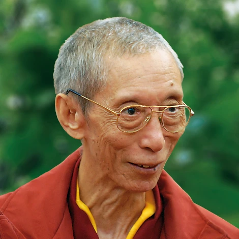 ehrw-geshe-kelsang-gyatso-rinpoche-gruen Ein natürliches Portrait eines freundlich schauenden Geshe Kelsang Gyatsos; tibetischer, buddhistischer Meister vor grünem Natur-Hintergrund mit Unschärfe.