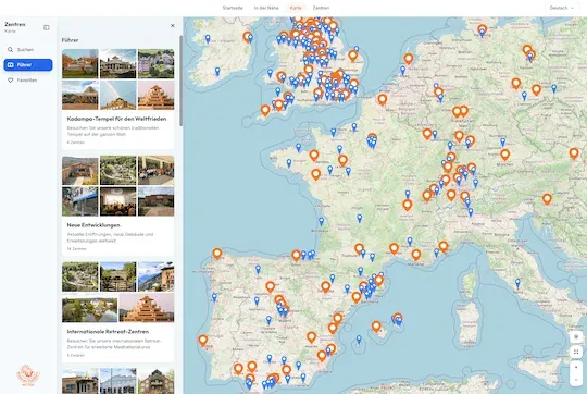 kadampa-centers-worldwide Bild einer Europa-Karte auf der buddhistische Zentren der Neuen Kadampa Tradition eingezeichnet sind
